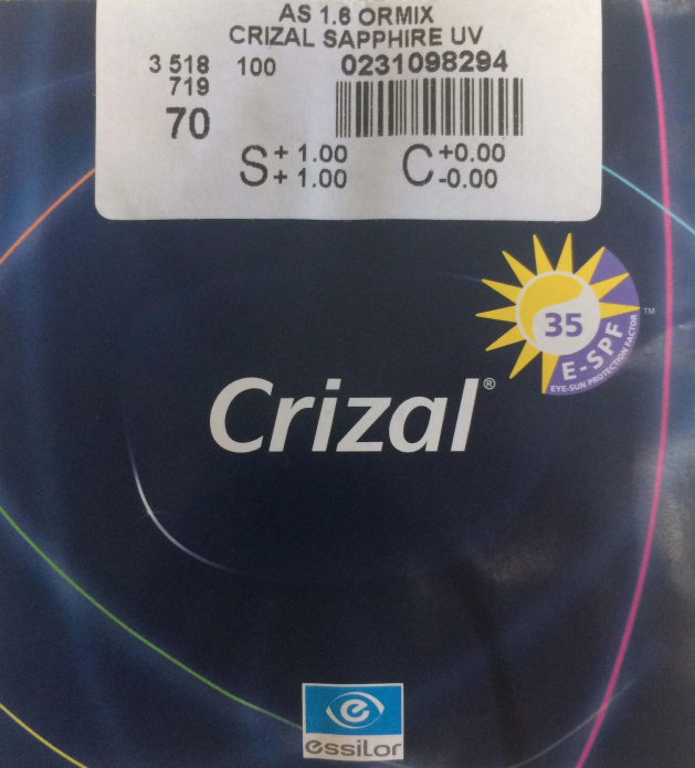 Линза Essilor FSV AS Ormix 1.61 BlueUV Capture Crizal Sapphire HR астигматические купить по оптовой цене