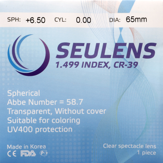 Линза полимерная SEULENS CR-39 N=1,499 DIA:65