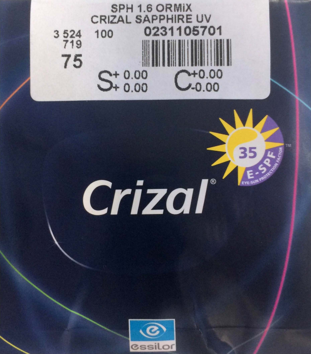 Линза Essilor 1.5 Orma Crizal Sapphire UV Линза Essilor 1.5 Orma Crizal Sapphire UV